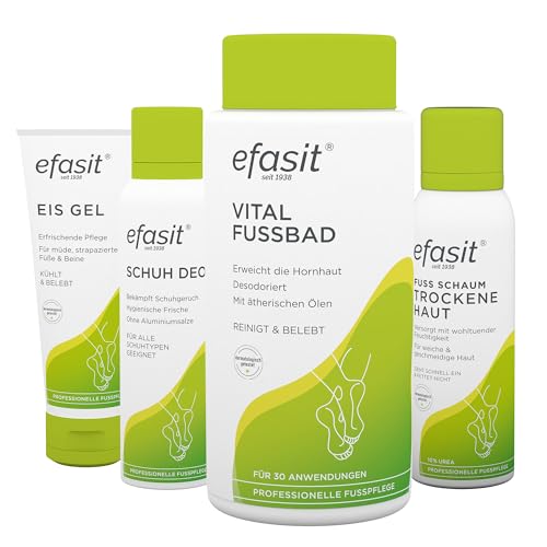 efasit Wohlfühl-Set – Produkte für die ideale Fußpflege: Vital Fußbad zur Reinigung, Eis Gel für müde Beine, Fuß Schaum Trockene Haut für intensive Feuchtigkeit & Schuh Deo für gut duftende Schuhe