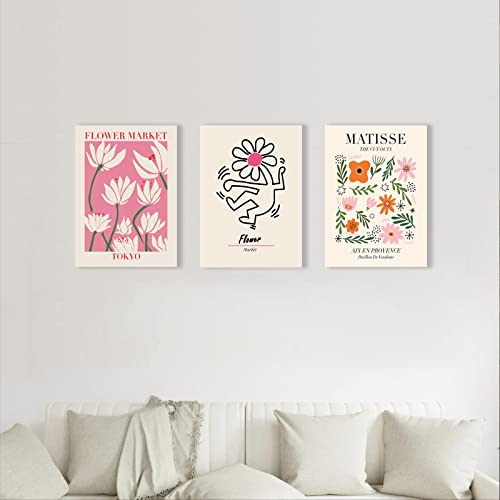 Matisse Wall Art Set Of 3, Abstract Matisse Wall Art Exhibition Posters, Pink Beige Flower Market Posters, Minimalist Framed Flower Market Wall Art, Canvas Matisse Prints Painting For Aesthetic Room, Bedroom, Living Room Wall Decor（12X16Inch) #TOP3