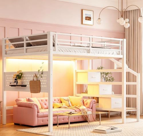Image of Bellemave Full loft Bed with Movable Desk and Storage Stairs, Shelves, Metal Loft Beds with LED Lights, USB Ports, Multifunctional Iron Nets for Adults, Kids, Teens, White
