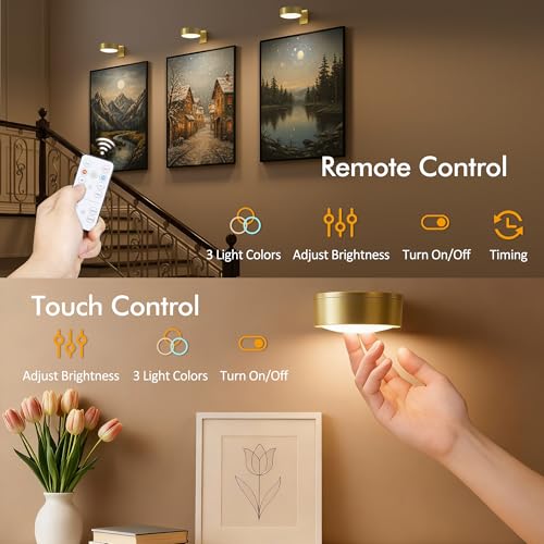 Image of 3-Pack Picture Lights for Wall, Rechargeable Battery Operated Led Painting Light with Remote Dimmable ＆ Timer, 3 Lighting Modes Magnetic Art Display Light, Wall Decorative Lighting for Picture,Frame