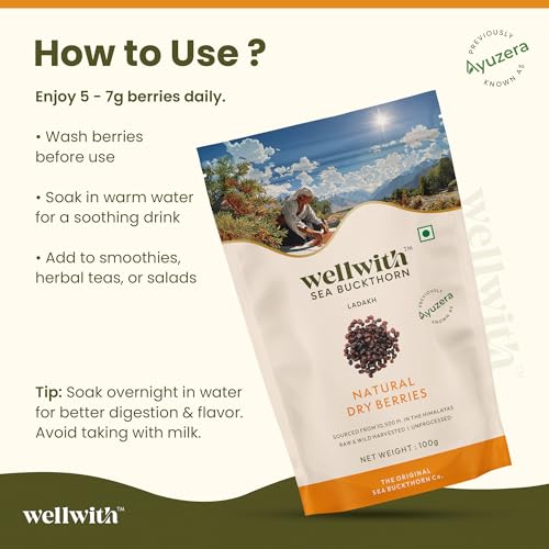 Image of Wellwith Sea buckthorn Dry Berry 100g (Pack of 2) - Natural, Sun-Dried, Rich in Omega 3,6,7 and 9, & Vitamin C, E | Dried Seabuckthorn Berries | No Added Sugar or Preservatives