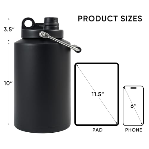 Kerilyn Insulated Jug, 1 Gallon, Stainless Steel, Black, Ideal for Hot & Cold Drinks, Travel, and Camping