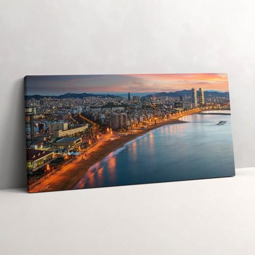Plage à Barcelone Lever du Soleil Tableau Photo sur Toile Imprimée Grand Format 140x70cm Art