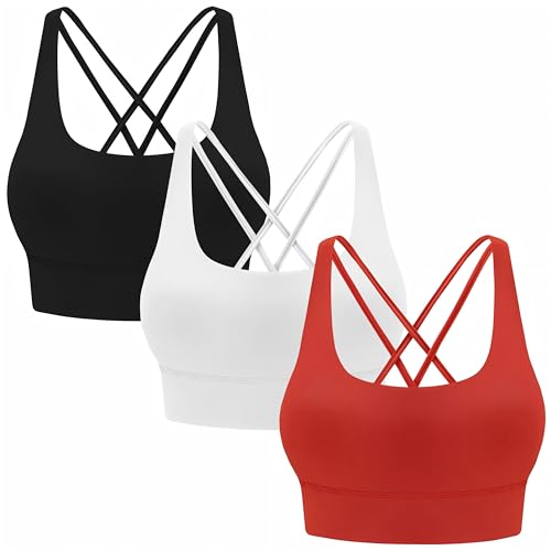 Image of MIRITY 3-Pack Strappy Sports Bras for Women - Criss Cross Back Padded Workout Yoga Top
