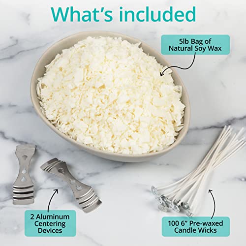 Hearts & Crafts Natural Soy Candle Wax And Candle Making Wax Supplies - 5 Lbs Soy Wax For Candle Making - 100 6-Inch Pre-Waxed Candle Wicks - 2 Metal Centering Devices - 5 Pounds Soy Wax Flakes #TOP1