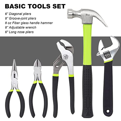 Image of FASTPRO 215-Piece Home Repairing Tool Set with 12-Inch Wide Mouth Open Storage Bag, Household Hand Tool Kit, Green