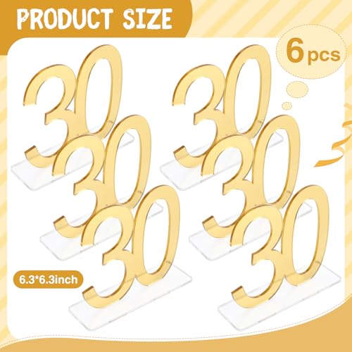 Image of Threehoney 6 Pcs Mirror Gold 30th Birthday Decorations for Men and Women Acrylic Anniversary Decorations Table Numbers Centerpieces for Birthday Party