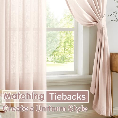 Image of Melodieux Pink Sheer Curtains with Tiebacks - 84 Inches Long for Living Room, Rod Pocket, Linen Look Shiny Texture, Semi Sheer Light Filtering Curtain Drapes for Bedroom, 52 inch W x 84 inch L, 2 Panels