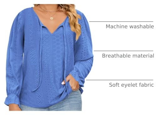 Image of DOLNINE Plus Size Tops for Women V-Neck Puff Long Sleeve Eyelet Drawstring Shirts