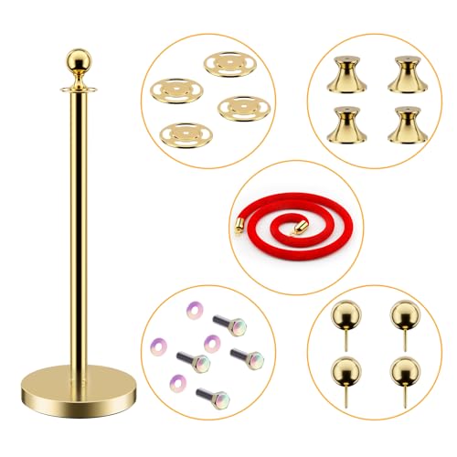 Image of LOVMOR 6PCS Gold Stanchion Posts Queue, 38 Inch Red Velvet Rope, 5 FT Red Carpet Ropes and Poles, Crowd Control Barriers Queue Line Rope, Barriers for Party Supplies