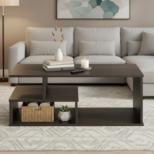 Image of FURNEASER Witely Coffee Table Modern Centre Table with Storage Shelves, Teapoy, Centerpiece Tea & Coffee Table for Living Room, Engineered Wood, Matte Finish, Wenge and White, 90x50x35 cm
