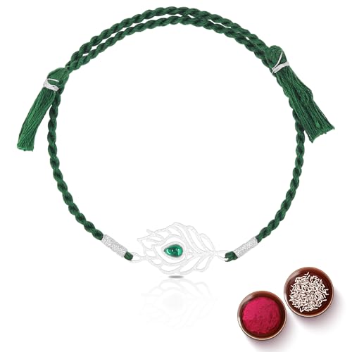 Image of 925 Sterling Silver Peacock Feather with Green Stone Rakhi for Bhai Cotton Thread | Rakshabandhan Rakhi With Greeting Card & Roli Chawal and Certificate of Authenticity