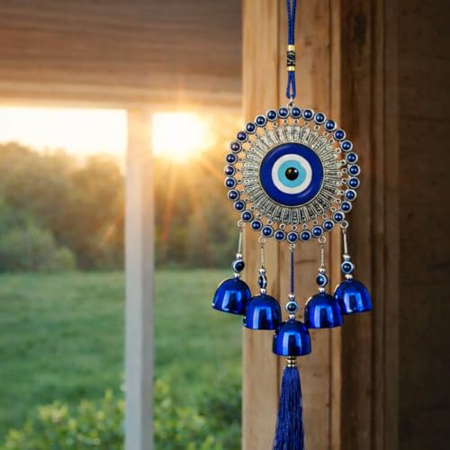 Image of Evil Eye Wind Chimes with 5 Bells for Home | Vastu Hanging for Positive Energy & Protection | Balcony, Living Room & Main Door Home Decor | Housewarming Gift