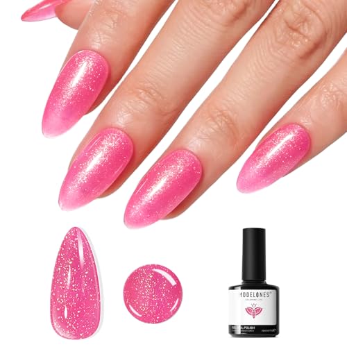 Image of modelones Glitter Rosy Pink Gel Nail Polish PGlitter Gel Nail Polish Soak-Off UV Gel Polish - 28+ Days Long-Lasting Salon-Quality Nail Art DIY Manicure & Gift 15ML