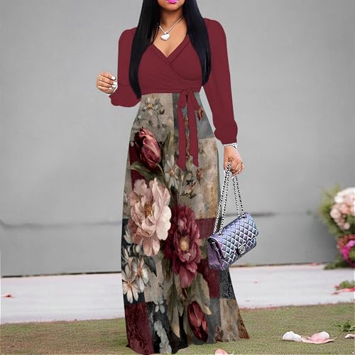Image of Women's Plus Size Maxi Dresses Long Sleeves V Neck Floral Print Bohemian Swing Long Dress with Belt