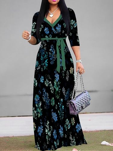 Image of PinkPatty Women's Long Sleeve Maxi Dress Plus Size Trendy Wedding Guest Dress with Pockets&Belt