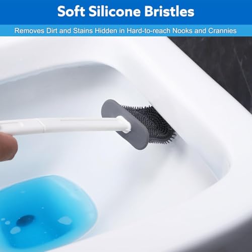 Image of 4-in-1 Silicone Toilet Brush and Holder Set with Crevice Cleaning Brush | Wall Mounted Quick Dry Bathroom Cleaning Brush | Water Drop Design (White)