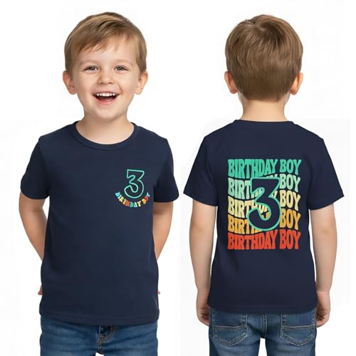 ZOELNIC Toddler Boy 3rd Birthday Shirt 3 Year Old Short Sleeve 2-Sided Print Cotton T-Shirt 3T Navy Blue