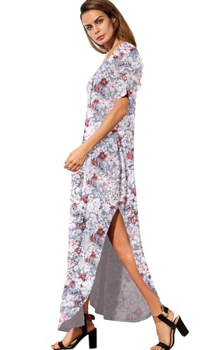 Image of GRECERELLE Women's Summer Maxi Dress Casual Loose V Neck Short Sleeve Side Split Long Dresses with Functional Pockets