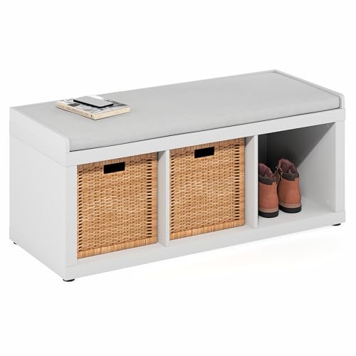 Furinno Cubicle Storage Bench Shoe Bench with Padded Seat Cushion 3-Cube Open Shelves Entryway Bench for Closet Entryway Living Room White