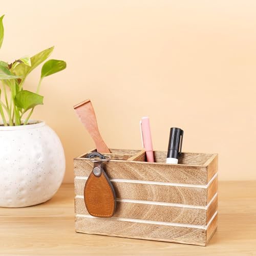 Hoffengwell Wood Pen Holder & Docking Station | Desk Organizer & Phone Holder | Solid Wooden Pencil Holder For Office