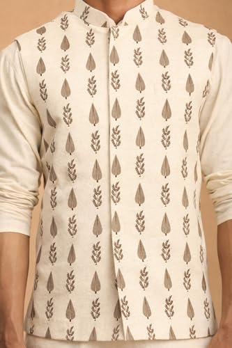 Image of Vastramay Men's Cream Cotton Jacket, Kurta And Pyjama Set | Wedding & Festive Ethnic Wear | Ideal For Traditional, Haldi, Sangeet & Reception Functions