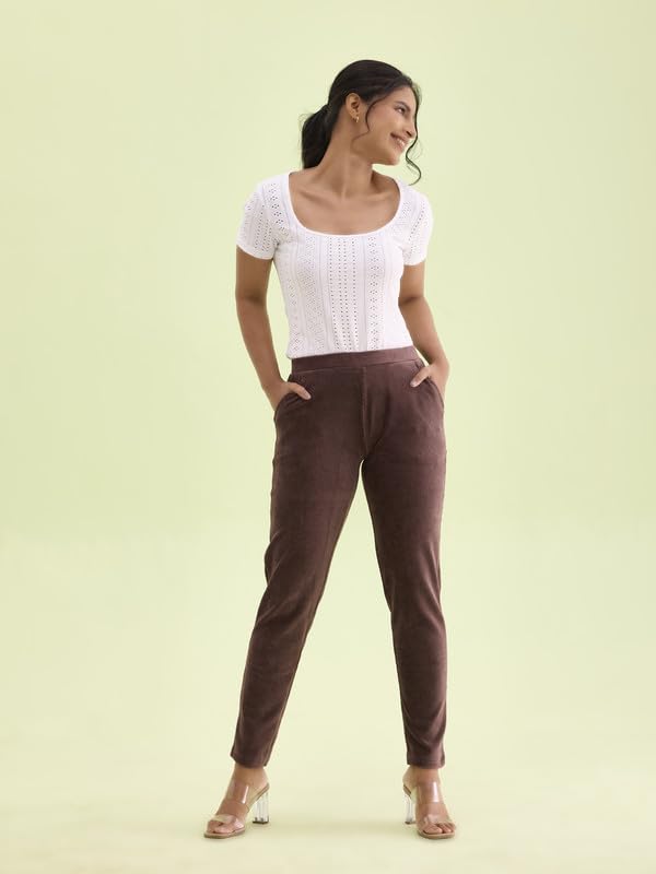 Image of GO COLORS Solid Corduroy Treggings for Women | Warmtech, Mid Rise, Side Pocket