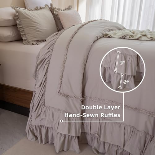 Image of QSH Taupe Oversized California King Ruffled Bed Comforter Set 128x120, Farmhouse Vintage Chic Comforter French Country Shabby Bedding Comforter Soft Microfiber Fluffy Bedding 3 PCs