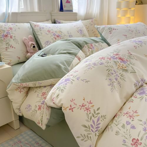 Flowers and Green Leaves Duvet Cover Set, 3/4-Piece Bedding Set - Aesthetic Cute Floral Quilt Cover, Sheet & Pillowcases - Soft, Breathable Fabric - Print Reversible Microfibre