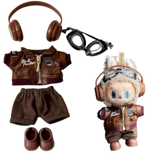 Image of for Labubu Retro Outfit Set – Vintage-Inspired Brown Ensemble with Jacket, Shorts, Shoes, Headphones or Goggles (Retro Outfit Set with Goggles)
