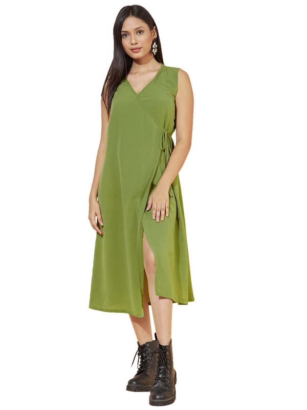 Selvia Women's Sleeveless Santosa Wrinkle(Crepe) V-Neck Wrap Dress(377Tk7115N-Xl_Green)