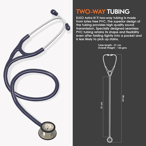 Image of ELKO EL-240 ASTRA III Ti Titanium dual head acoustic stethoscope | Adult & Pediatric Stethoscope with Double-sided Natural Titanium Chestpiece | Two-Way PVC Tubing | Doctors & Medical Students (Blue)