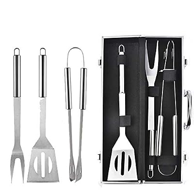 MaGiLL Premium 3 Pieces BBQ Grill Cooking Utensils Tool Kit with Light Stainless Steel Barbecue Tools with Free Portable Case - Perfect BBQ Tools kit for Picnics and Outdoor Act