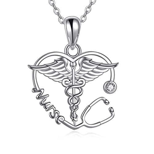 VONALA Collar de estetoscopio de plata de ley 925 con colgante de corazón de caduceo, joyería médica, regalos para enfermeras para mujeres, Plata esterlina, Circonia cúbica