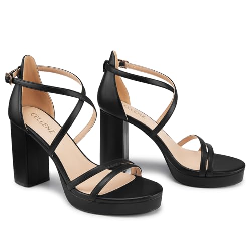 Image of CELLENZ Women Strappy Platform Heels: 3.4 Inch Chunky Heeled Sandals, Comfortable Sexy Block High Heels, for Prom Party Bridal Wedding Black White Silver Nude Dressy Shoes