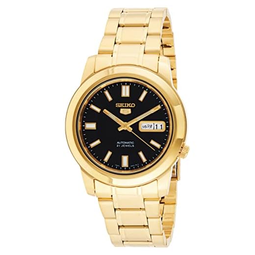 Seiko Relógio masculino SNKK22 analógico de aço inoxidável banhado a ouro com mostrador preto, Preto, Corda automática