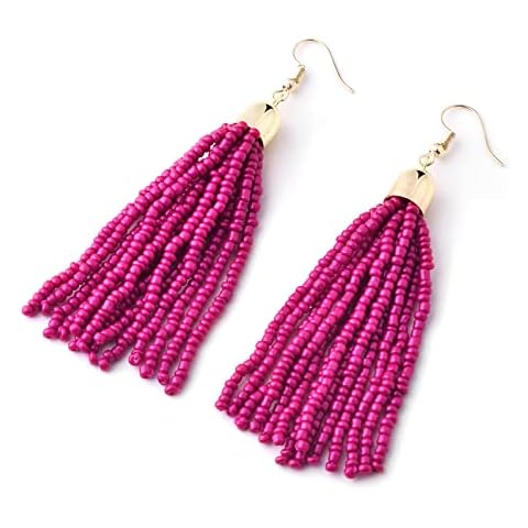 Handmade Beaded Tassel Earrings - Boho Drop Fringe Earrings for women, Native American Indian Earrings (Short Fuchsia) Cover