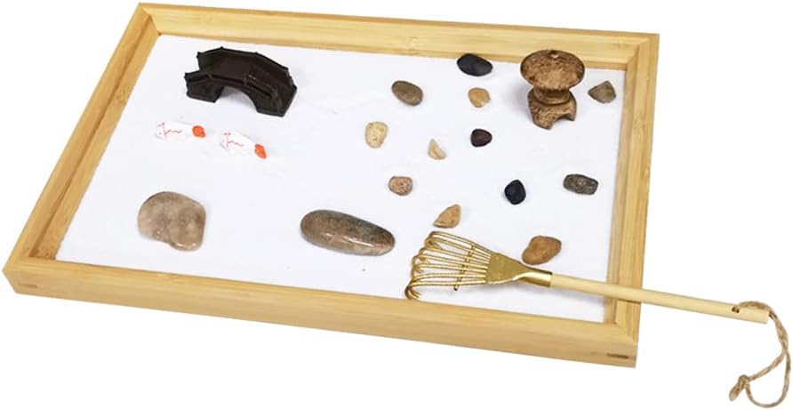 Zen Garden Tools, 11x7.4x1 Relaxing Japanese Zen Garden with Aesthetic Stable Wooden Sand Tray and Accessories, Rock, for Home Meditation Wood Golden Rake Therapy Zen Garden for Desk