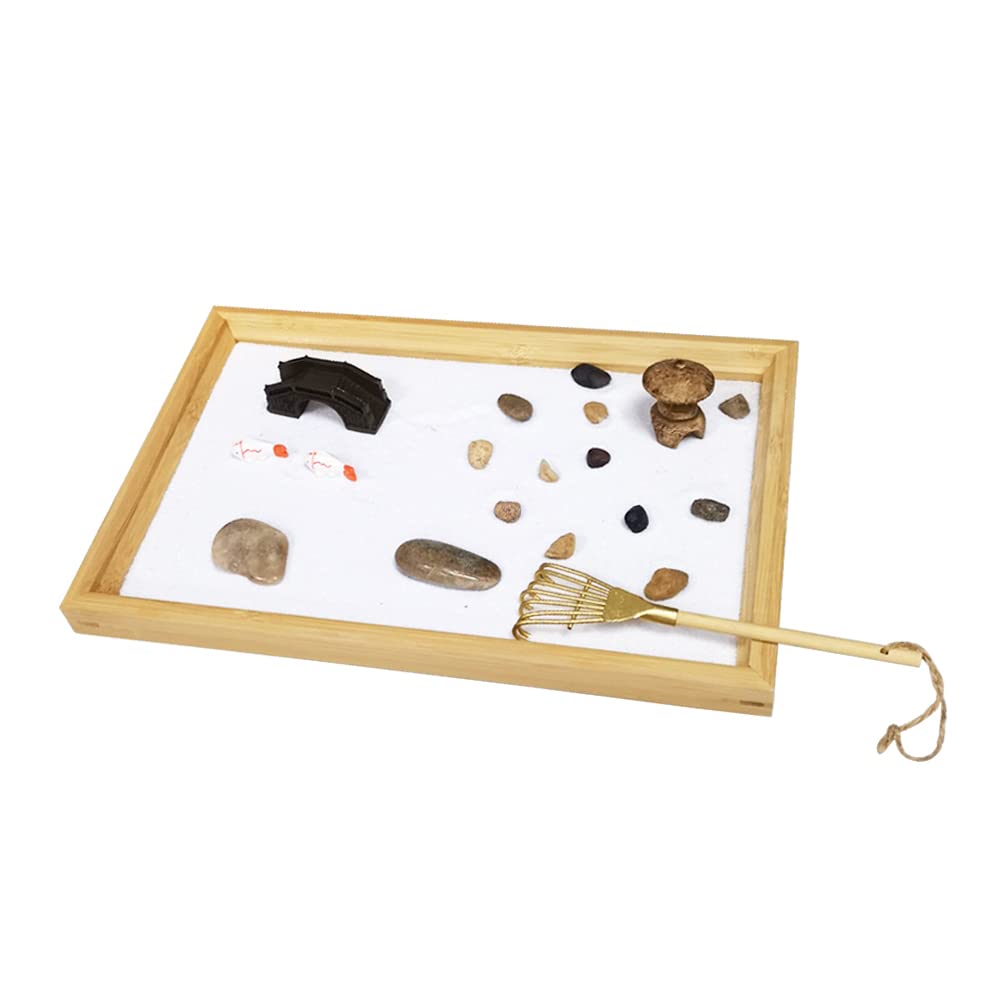 Zen Garden Tools, 11x7.4x1 Relaxing Japanese Zen Garden with Aesthetic Stable Wooden Sand Tray and Accessories, Rock, for Home Meditation Wood Golden Rake Therapy Zen Garden for Desk