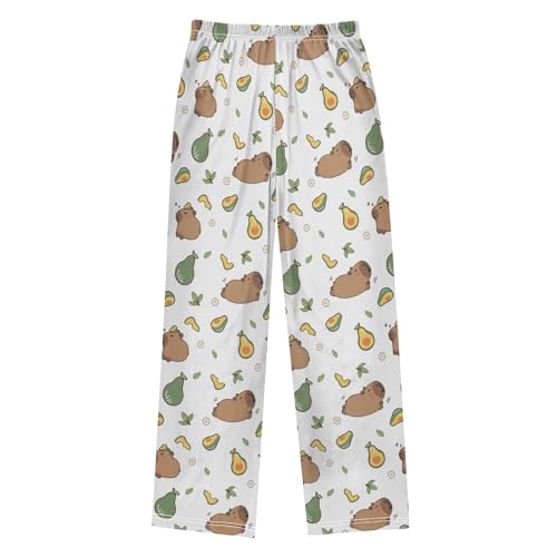 Capybara with Avocados White Pattern Cute Pajama Pants, Soft Sleepwear Lounge Pants Pajama Pj Bottoms for 6-14 Years2