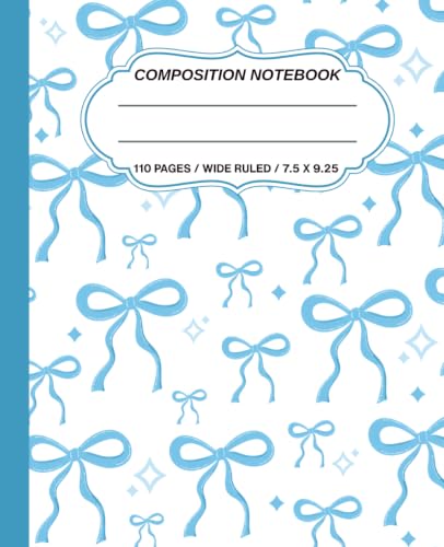 Composition Notebook: Cute Preppy Aesthetic Wide Ruled Journal for Girls, Kids & Teens - Sky Blue Coquette Bows & Sparkle Stars, Y2K Cool Girly School Supplies, Gift image 2