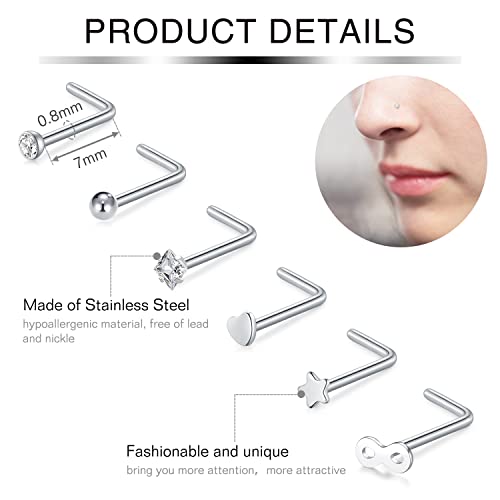 Incaton 20G Stainless Steel Nose Rings for Women Nose Rings Hoops L Shaped Nose Studs Screw Nose Piercing Jewelry for Women Men Silver Rose Gold Black Rainbow3