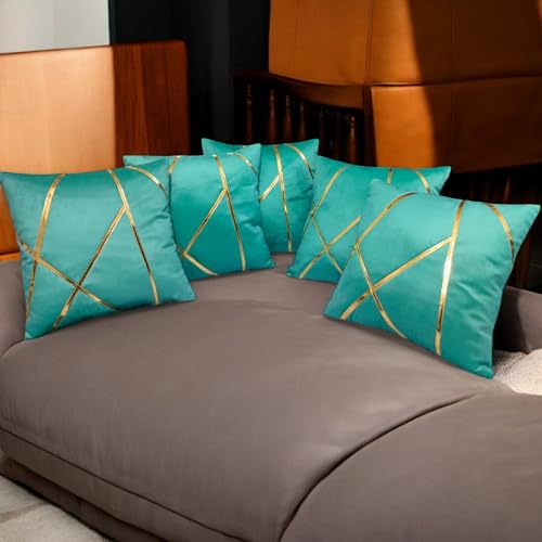 Image of Zikrak Besur Gold Stripe On Velvet|Pack of 5 Cushion Cover|for Home Decoration|Living Room Decor|Hotel Premeuim Qulaity Cushion Cover|Exclusive ON Amazon (Aqua, 16 X 16 INCH(40 X 40 CM))