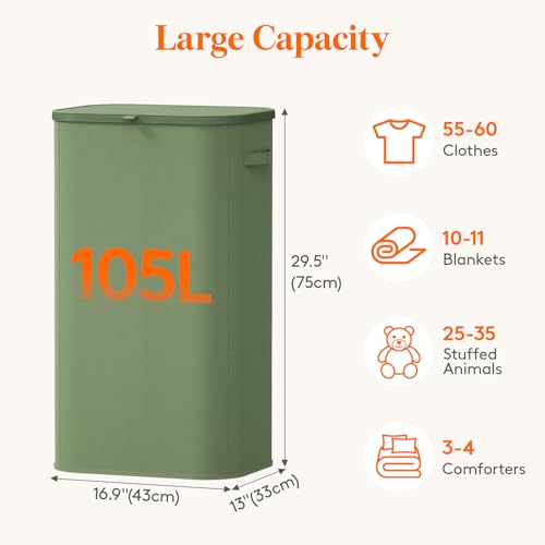 Image of Lifewit 105L Large Laundry Basket with Lid, Laundry Hamper with Plastic Handles and Removable Bag, Foldable Tall Dirty Clothes Hampers for Laundry for Laundry Room, Bedroom, Bathroom, Dorm, Green