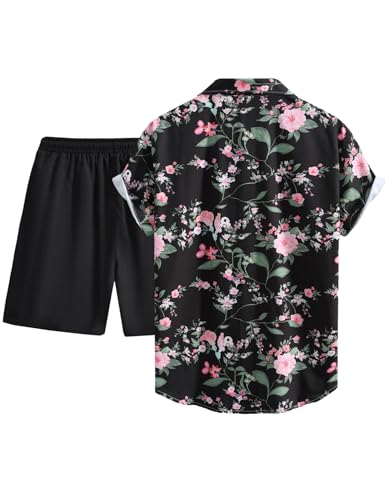 Image of Yimoon Men's Summer 2 Piece Outfits Tropical Print Short Sleeve Button Down Hawaiian Beach Shirt and Shorts Set