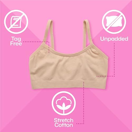 Rene Rofe Only Girls Kaylee Or Zoey Training Bra – 6 Pack Comfort Stretch Cami Bralette (7-14), Size 10-12, Pink/White/Nude #TOP1