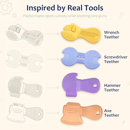 Image of Baby Tool Teethers 4 Pack, Textured Sensory Teething Toys for Boys 0-6 Months, Wrench Screwdriver Hammer & Axe Silicone Chew Toys, Baby Shower Gifts for Newborn & Infants