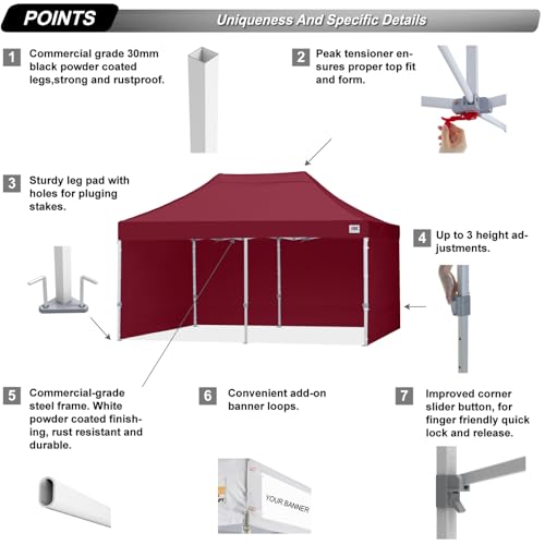 Image of ABCCANOPY Commercial Pop Up Canopy Tent with Sidewalls 10X20,Burgundy