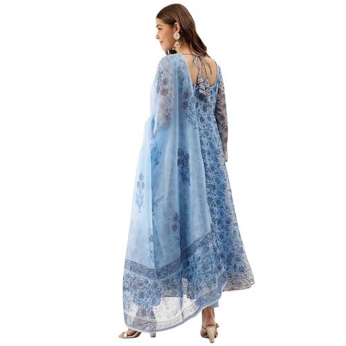 Image of Divena Blue Floral Print Organza Anarkali Kurta set with Dupatta