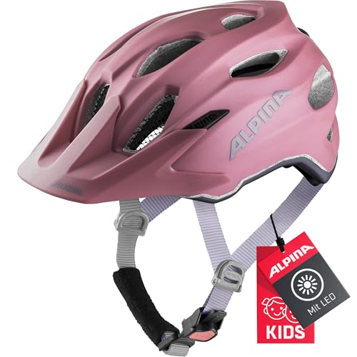 Alpina Carapax JR. Flash - Beleuchteter, Leichter und Sicherer LED Fahrradhelm Mit Fliegennetz Für Kinder, deeprose-Violet matt, 51-56 cm